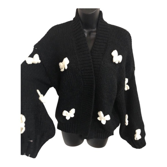 Black and White Crochet bow open front crochet style cardigan One Size new - Picture 7 of 12